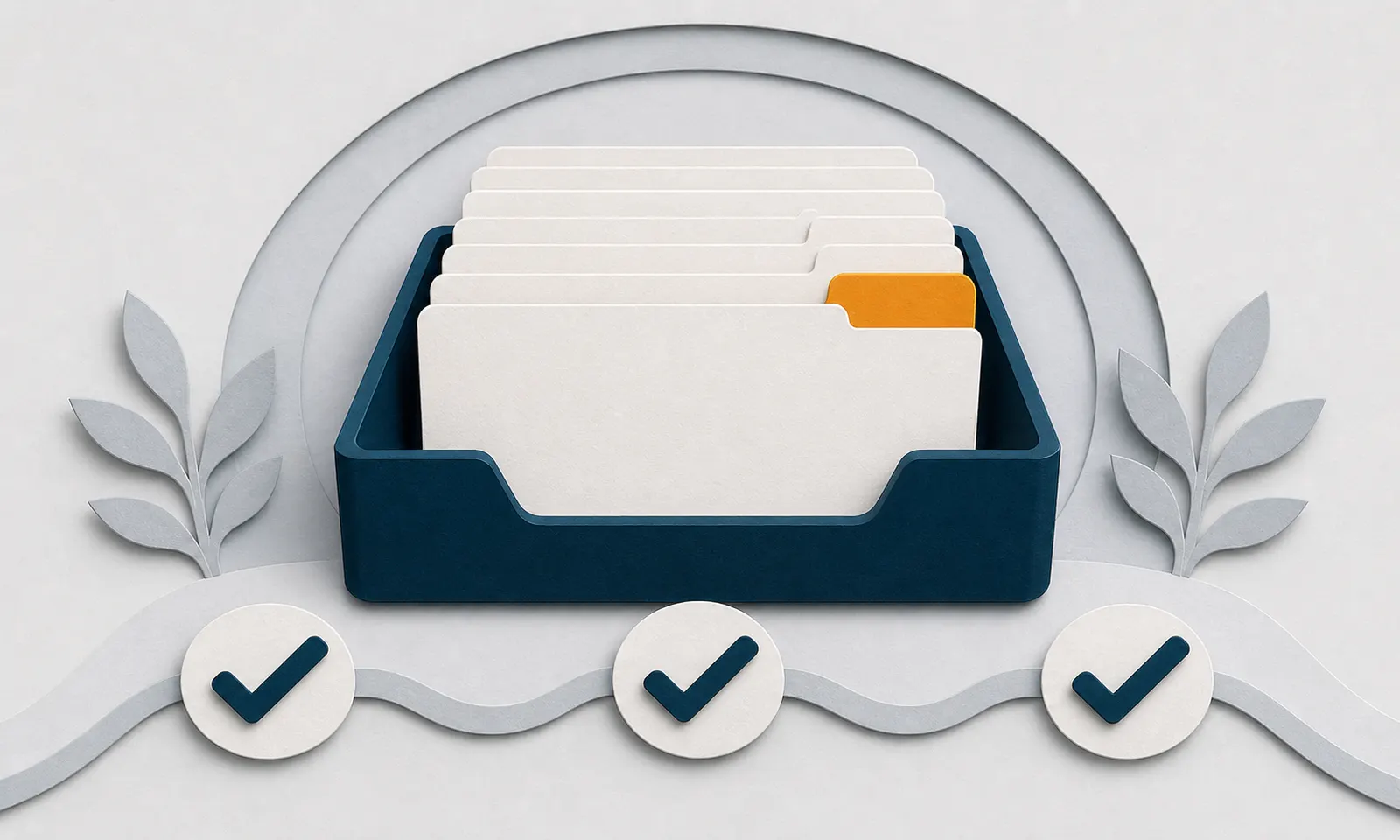 An organized navy payroll-record tray with three navy check symbols.