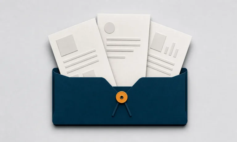 Three paper inserts assembled into a navy folder with an amber fastener.