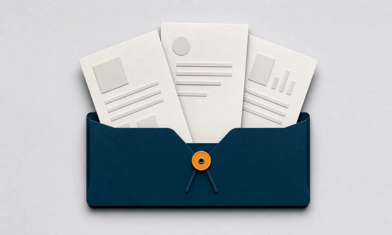 Three paper inserts assembled into a navy folder with an amber fastener.