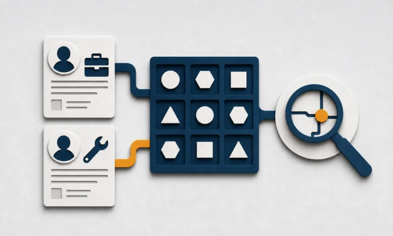 Two navy worker-profile symbols and work icons connected to a classification grid under a magnifying glass.
