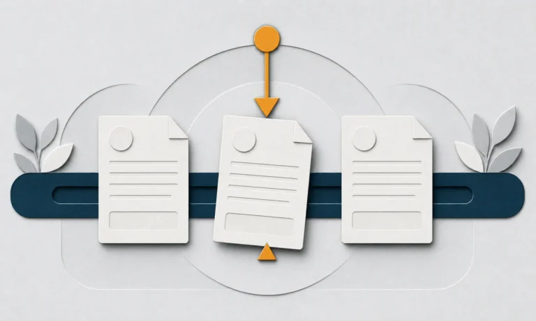 Three paper application cards aligned along a navy guide rail with amber markers.
