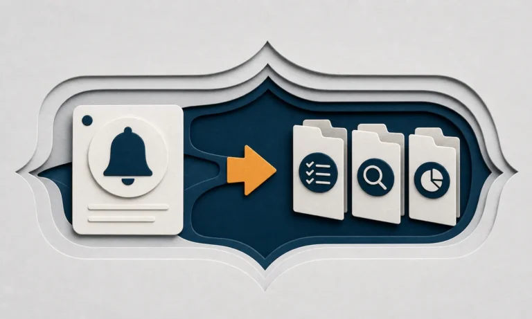A navy notification bell and amber arrow leading toward organized audit folders.