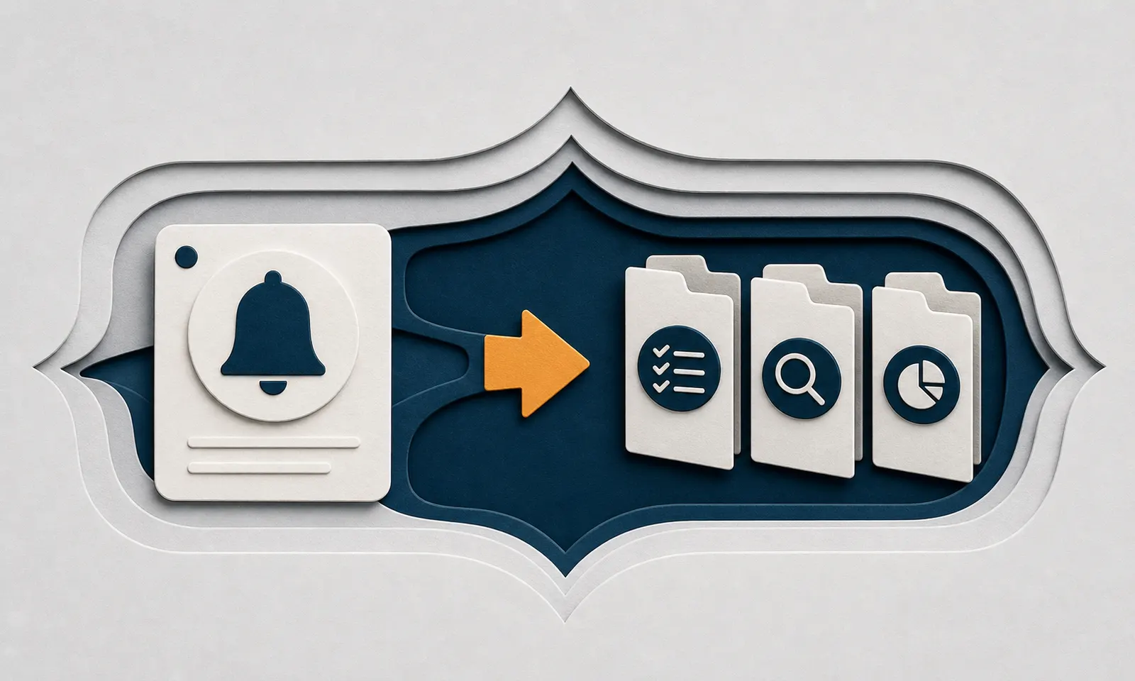 A navy notification bell and amber arrow leading toward organized audit folders.