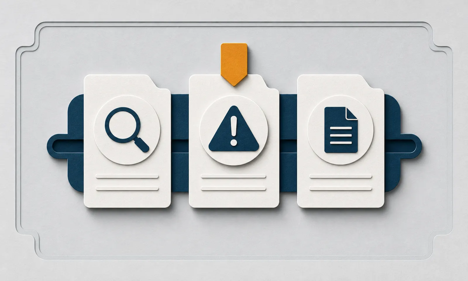 Three paper audit cards with navy review, caution, and document symbols.