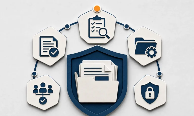 Five high-contrast paper control tiles arranged around a navy records shield.