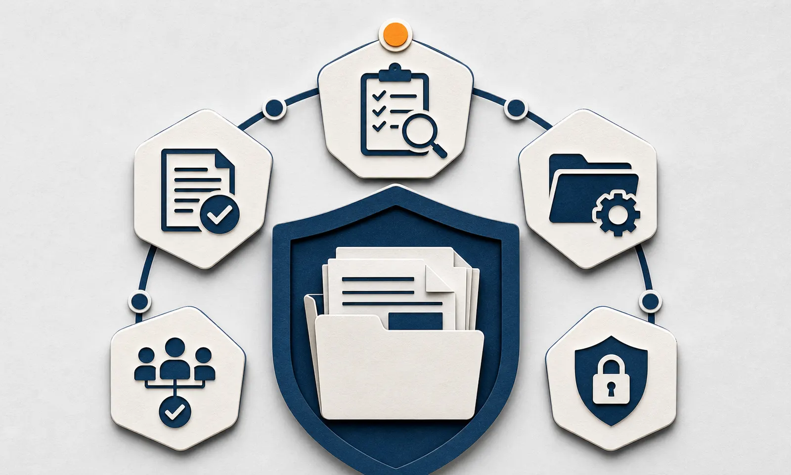 Five high-contrast paper control tiles arranged around a navy records shield.