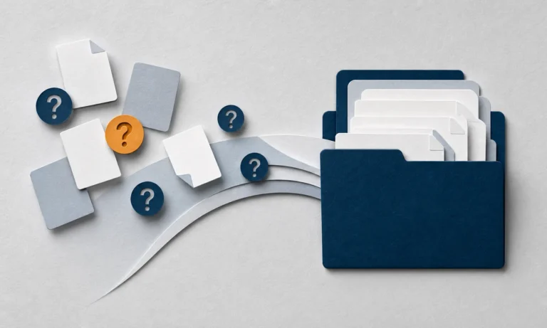 Layered paper documents and question symbols moving into a navy folder.