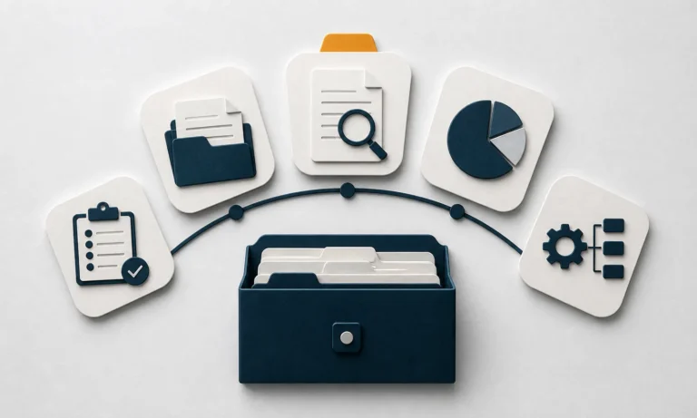 Five paper preparation tiles arranged around a navy records case.
