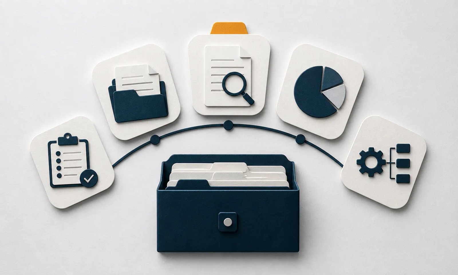Five paper preparation tiles arranged around a navy records case.