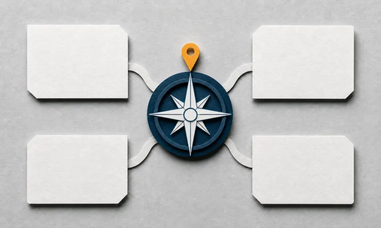 Four paper cards arranged around a high-contrast compass with an amber location pin.