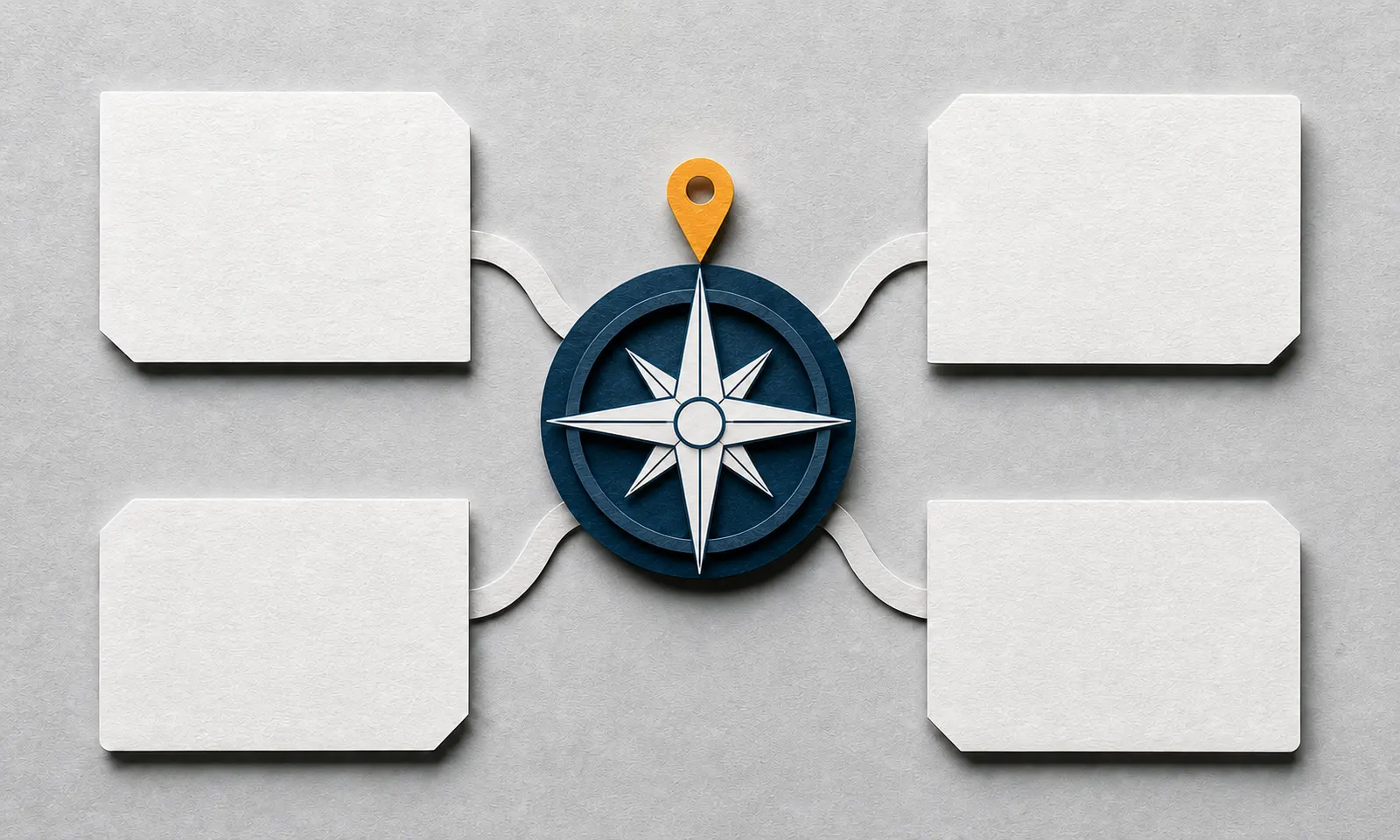 Four paper cards arranged around a high-contrast compass with an amber location pin.