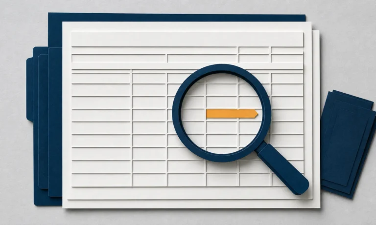 Layered document grid viewed through a navy magnifying glass.