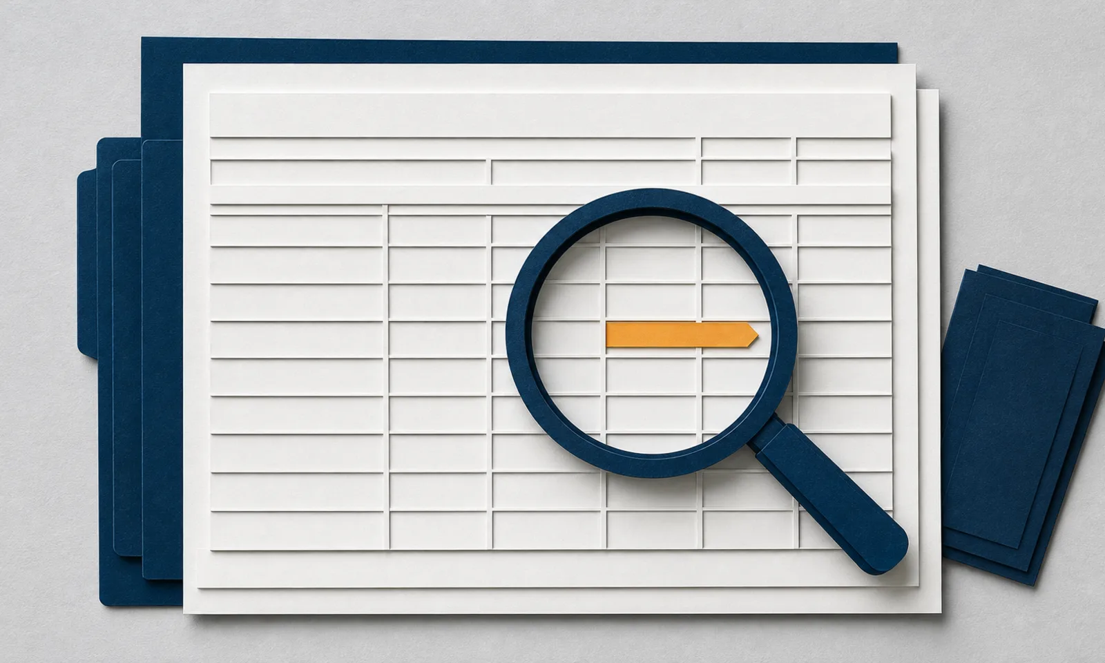 Layered document grid viewed through a navy magnifying glass.
