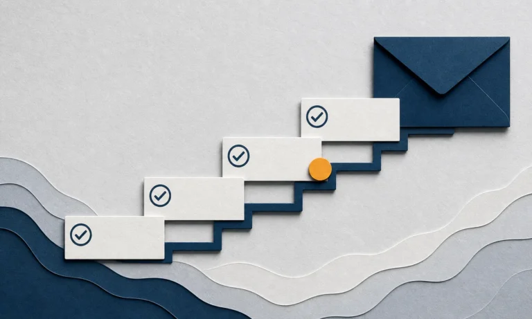 Layered checklist cards moving toward a navy envelope.