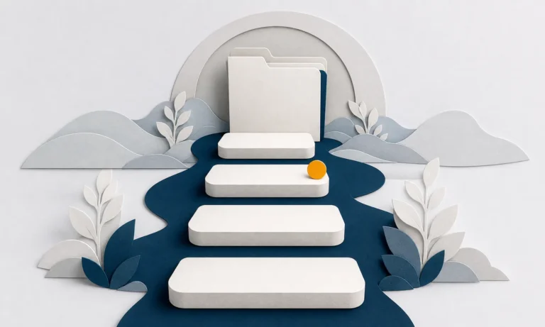 Four paper steps leading along a navy path toward a folder.