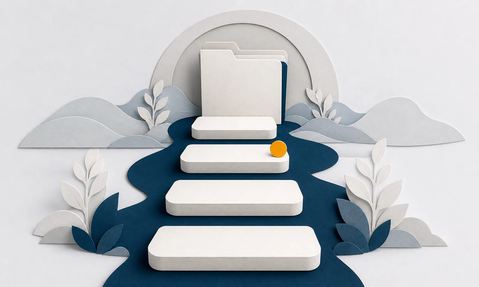 Four paper steps leading along a navy path toward a folder.