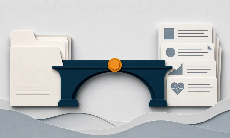 A navy paper bridge connecting a claim folder and supporting record cards with an amber connector.