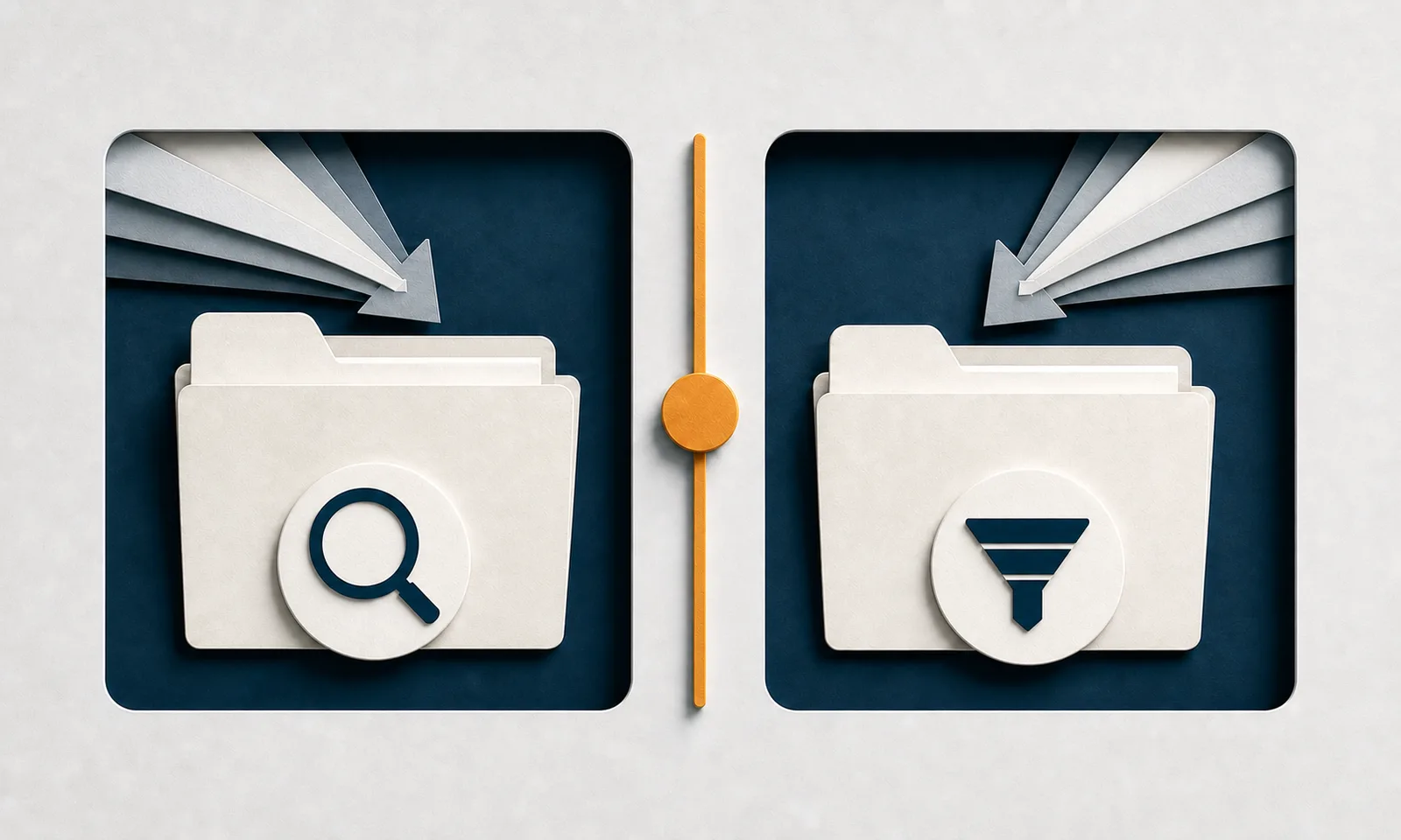 A navy magnifying glass and navy funnel on separate paper audit folders divided by an amber marker.