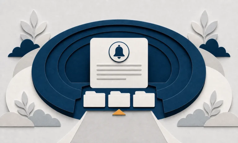 A navy notification bell above a paper notice and folders on a navy review track.