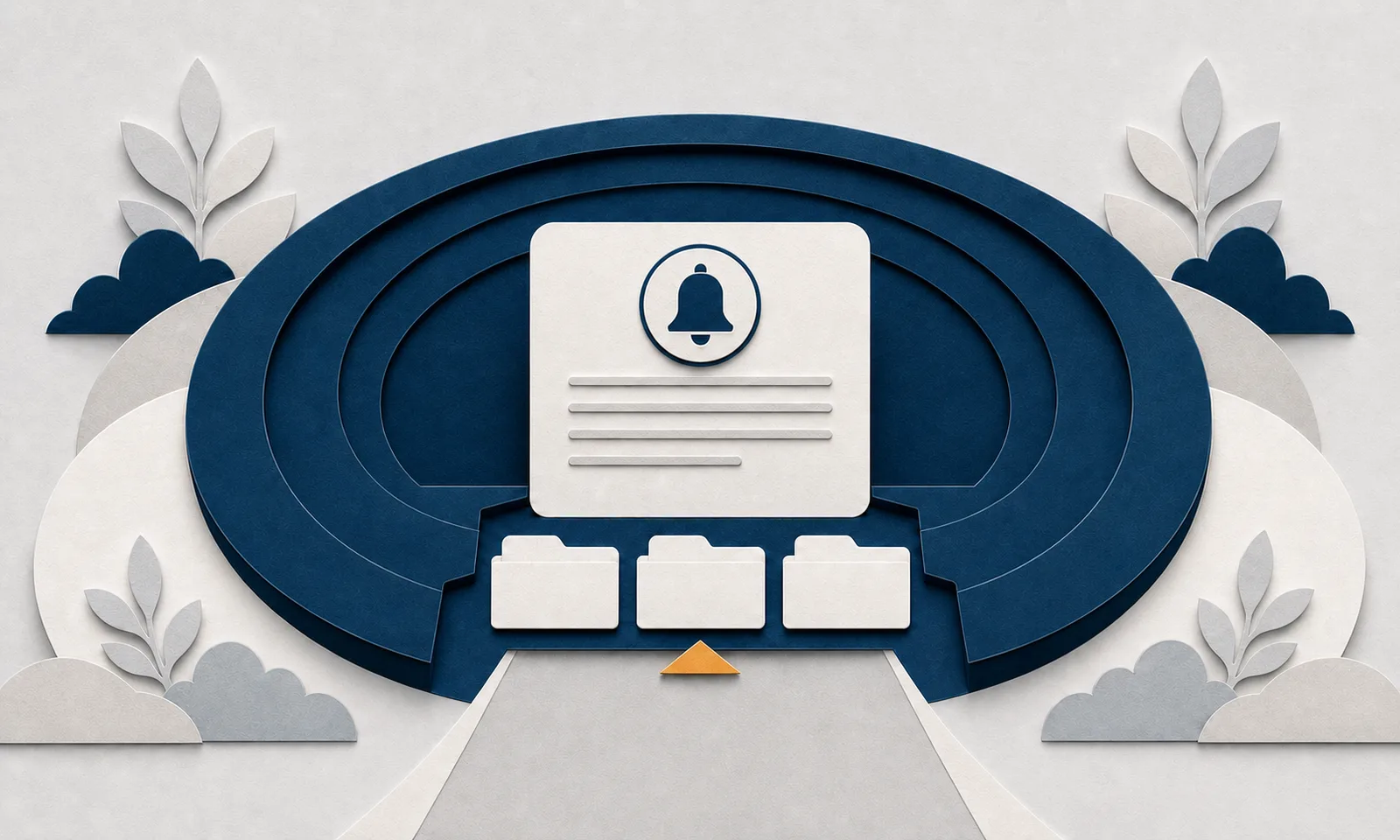 A navy notification bell above a paper notice and folders on a navy review track.