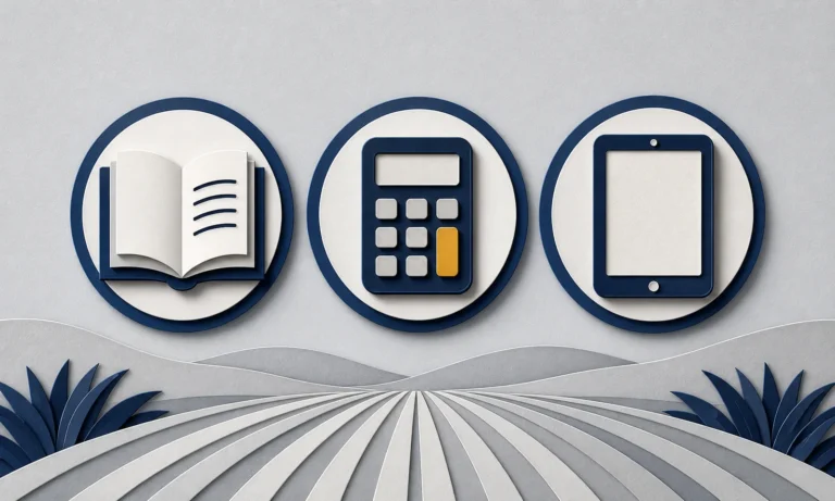 Layered paper illustration of English, mathematics, and digital-literacy training above an agricultural field.