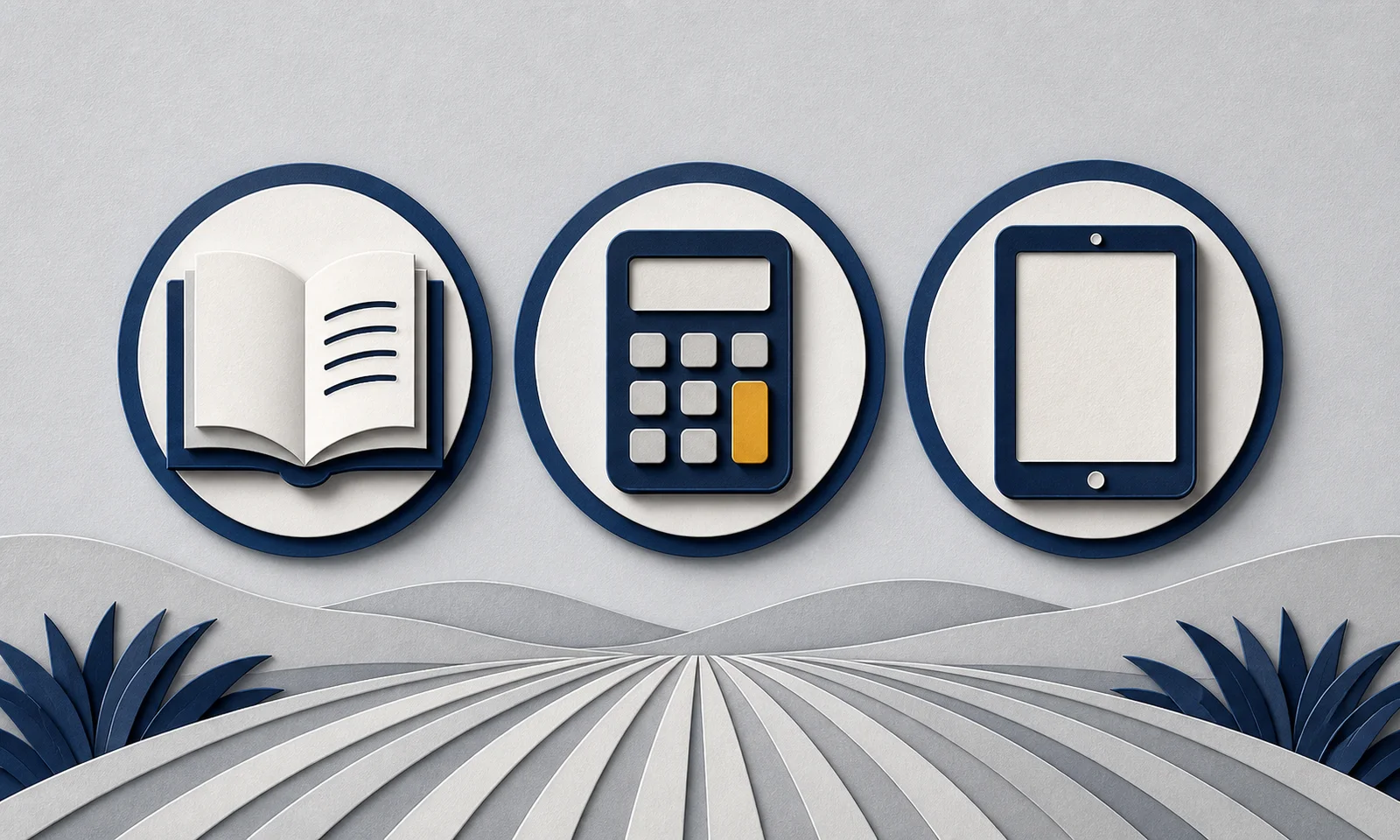 Layered paper illustration of English, mathematics, and digital-literacy training above an agricultural field.