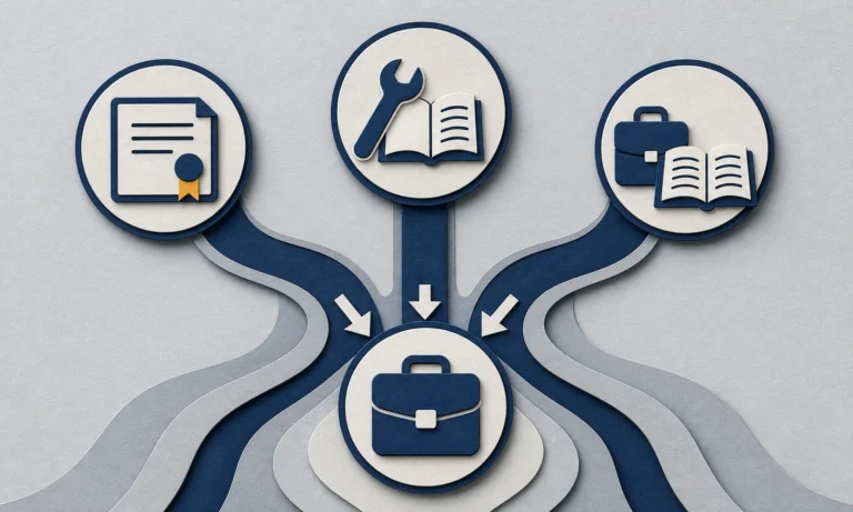 Layered paper illustration of certificate, apprenticeship, and work-based learning pathways.
