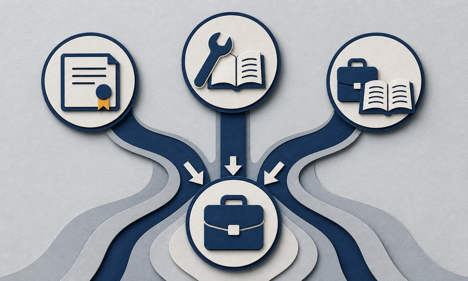 Layered paper illustration of certificate, apprenticeship, and work-based learning pathways.