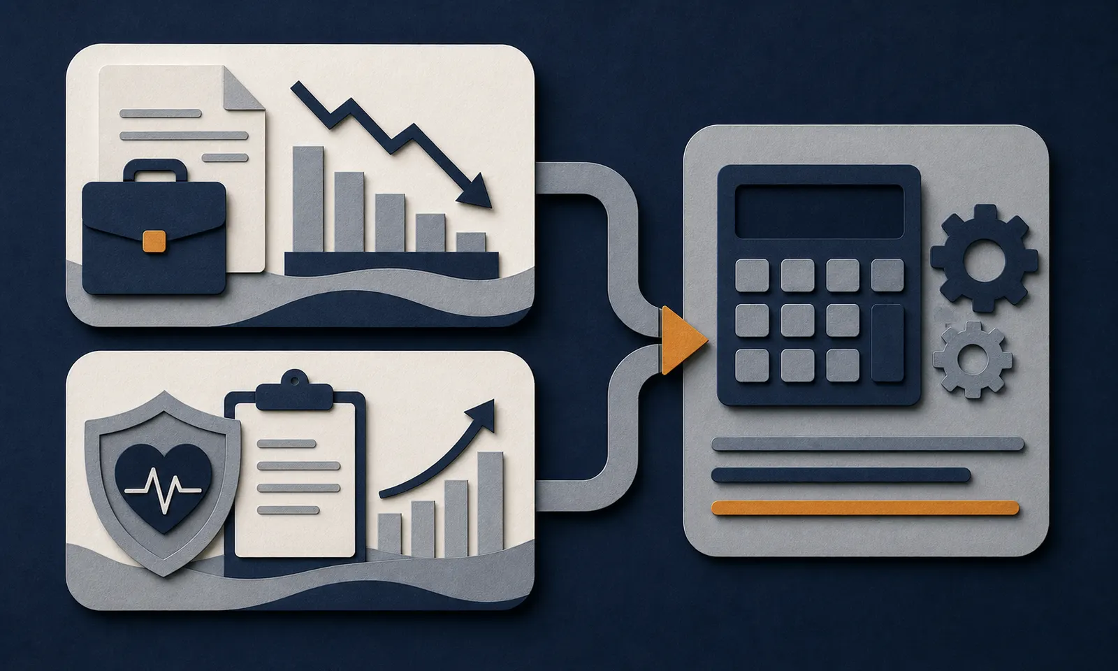 Two benefit calculation cards feeding into a neutral calculation panel.