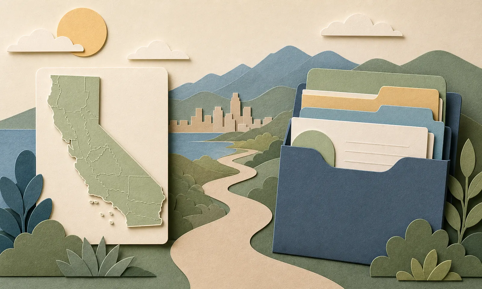 Layered-paper California map with organized benefits folders.