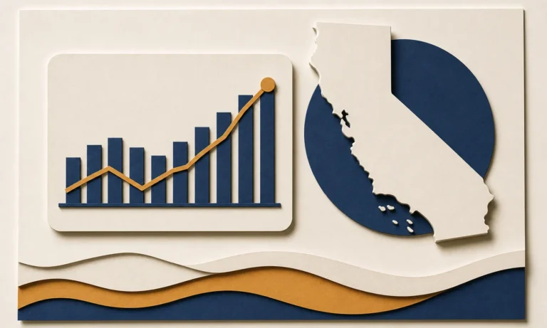 Layered-paper California silhouette beside an upward employment trend chart.