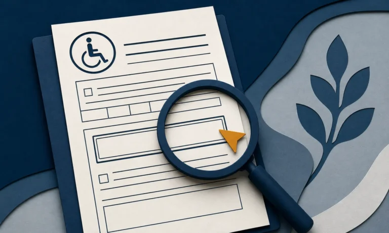 A disability claim form reviewed under a navy magnifying glass with an amber attention marker.