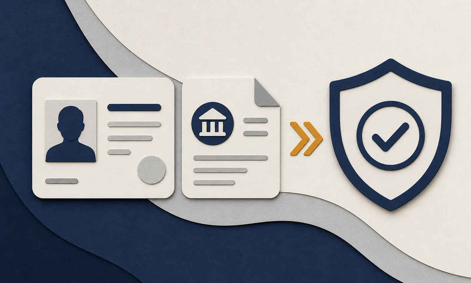 Two identity document cards leading to a verification shield.