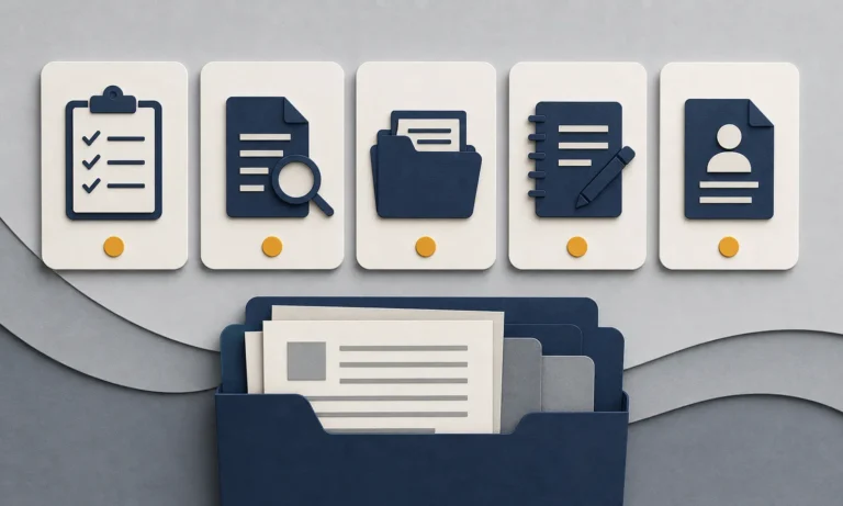 Five interview-preparation cards above an organized folder.