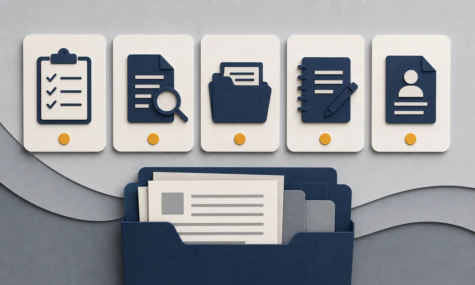 Five interview-preparation cards above an organized folder.