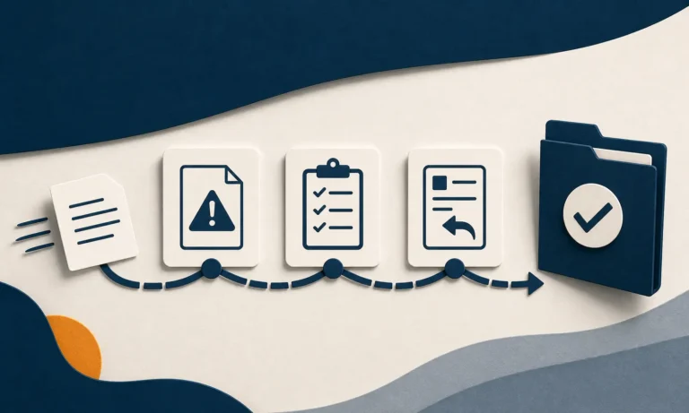 An appeal card moving along a navy guided route through review stages toward an organized folder.
