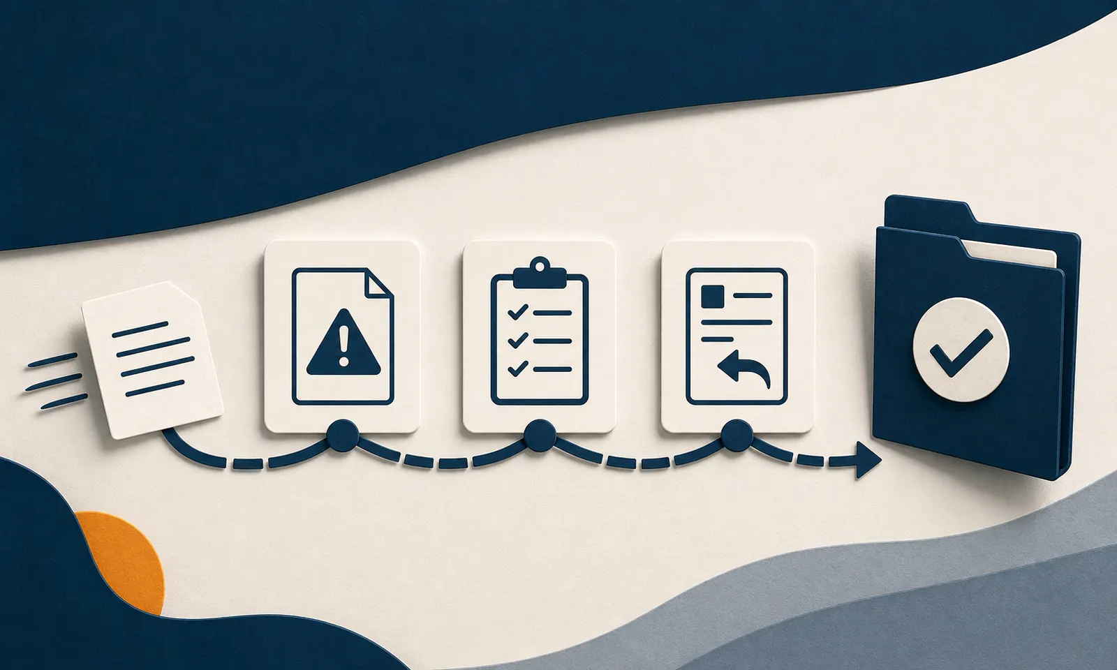 An appeal card moving along a navy guided route through review stages toward an organized folder.