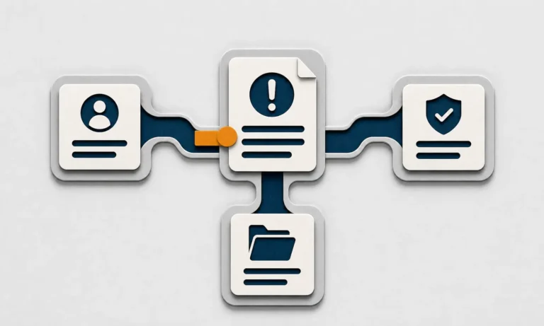 An overpayment notice connected by navy pathways to profile, shield, and records cards.