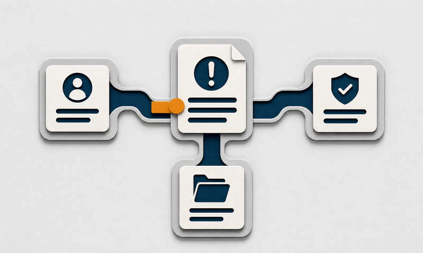 An overpayment notice connected by navy pathways to profile, shield, and records cards.