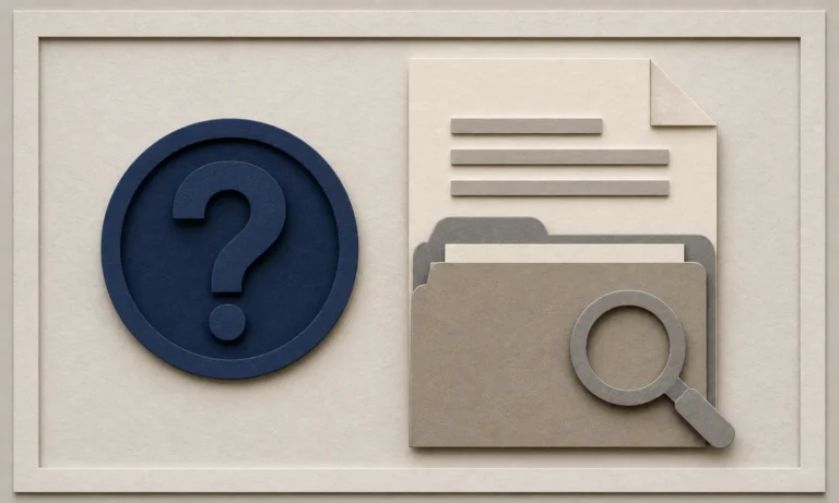 Layered-paper question mark beside a document folder, illustrating questions about the EDD system.