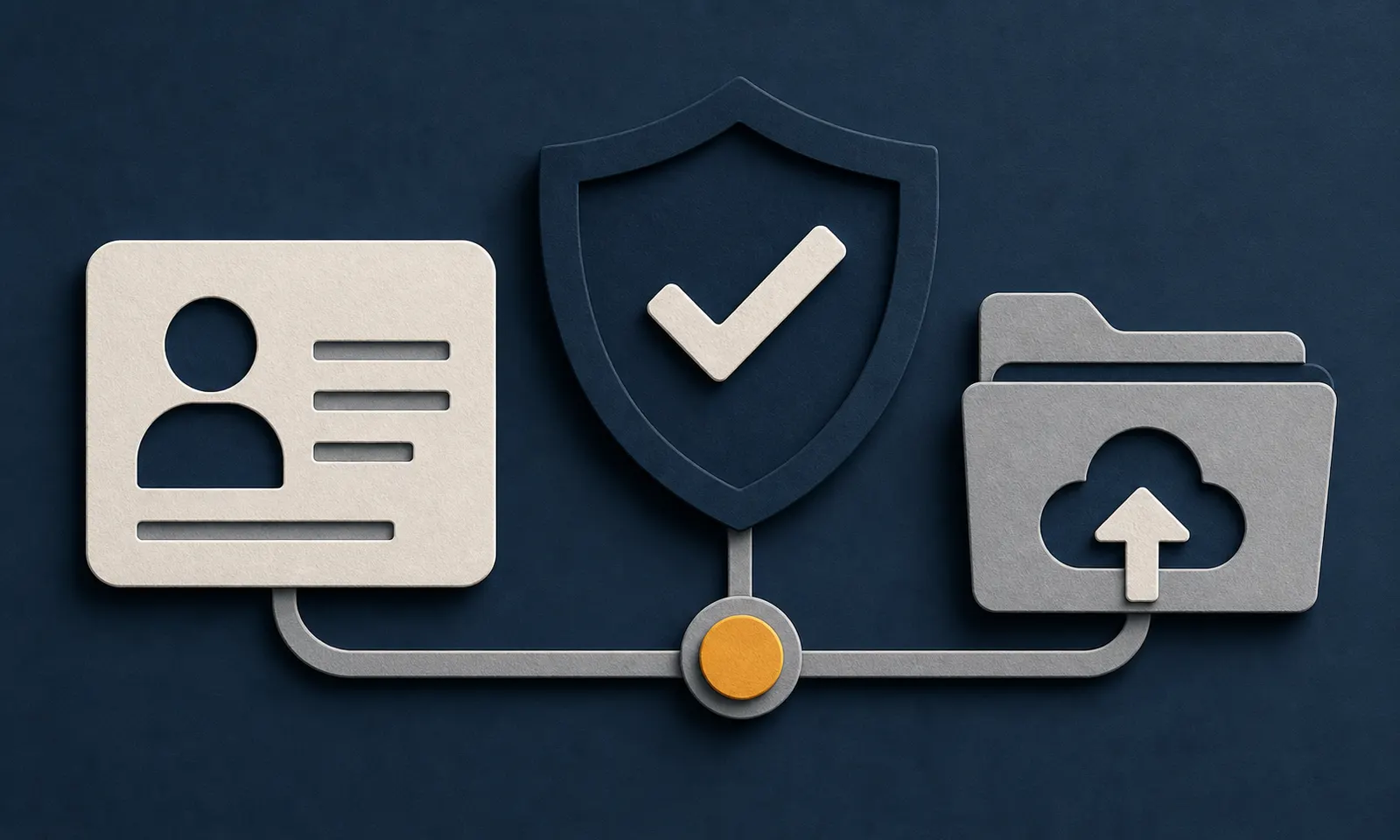 An identity card, verification shield, and secure upload folder.