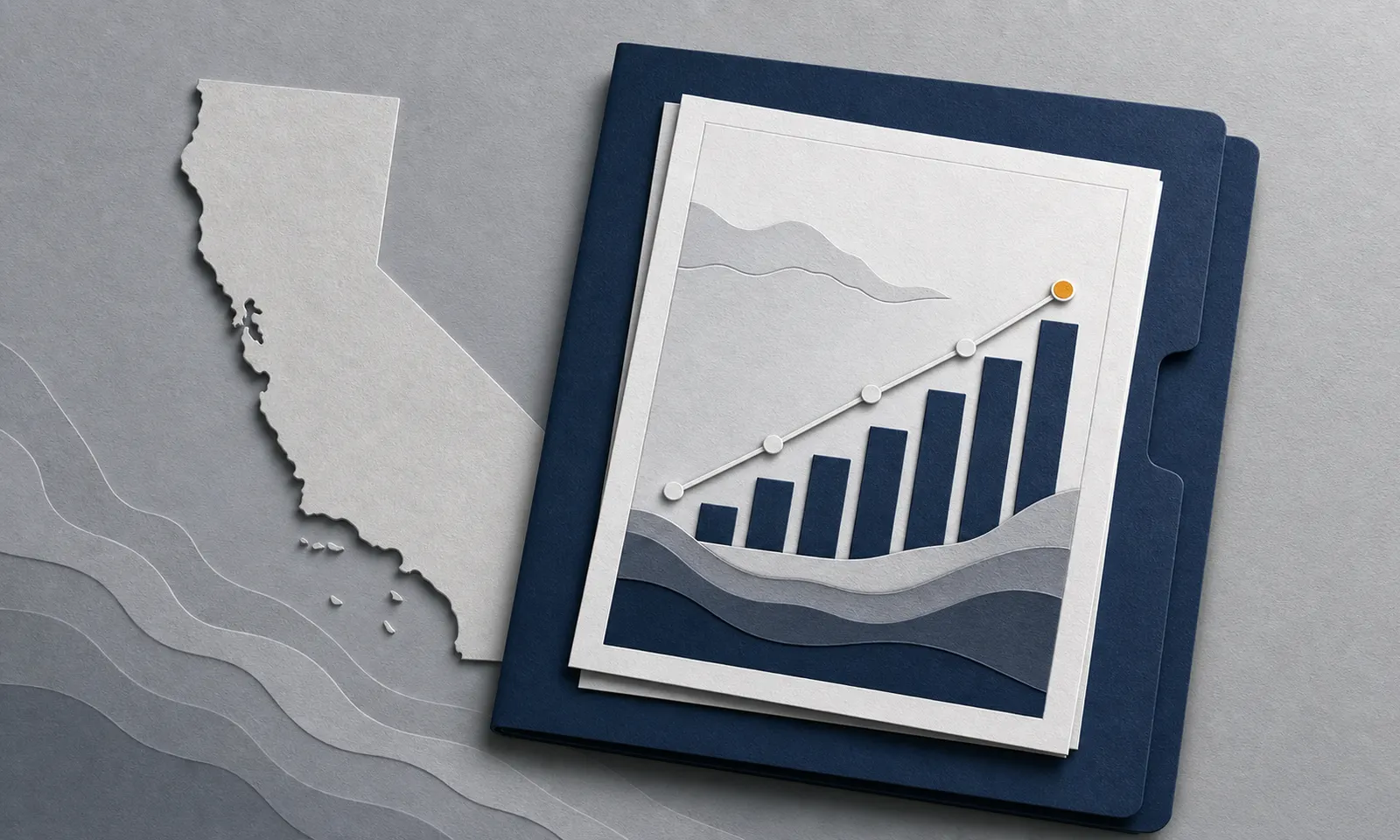 Layered-paper California job-market report with a growth chart.