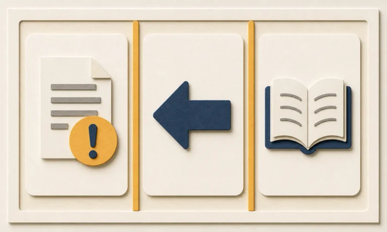 Layered-paper overpayment notice, backward arrow, and training record.