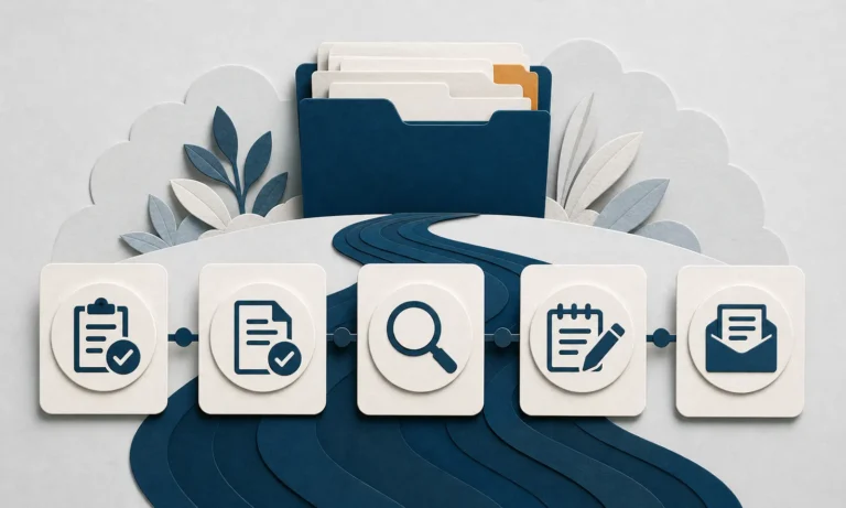 Five high-contrast review cards following a navy pathway to an organized records folder.