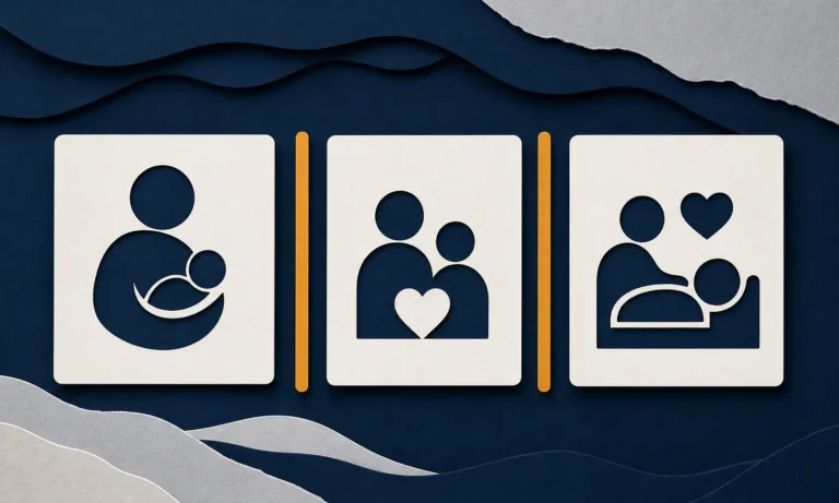 Three equal paid family leave claim-type cards separated by amber dividers.