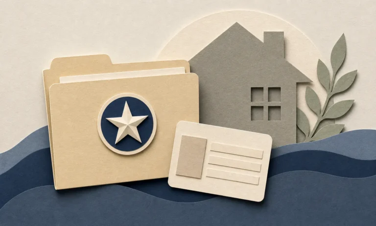 Layered-paper folder with a star beside a home, illustrating paid family leave for military families.