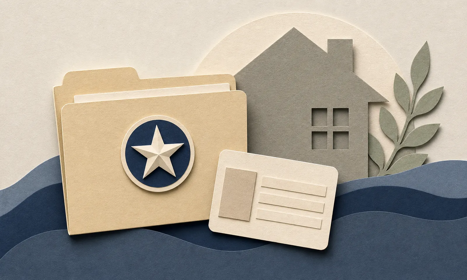 Layered-paper folder with a star beside a home, illustrating paid family leave for military families.