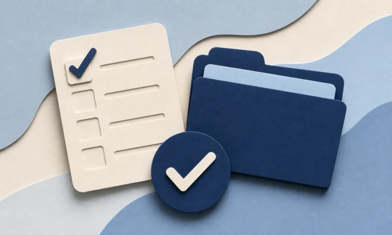 Layered-paper eligibility checklist, checkmark, and folder for paid family leave.