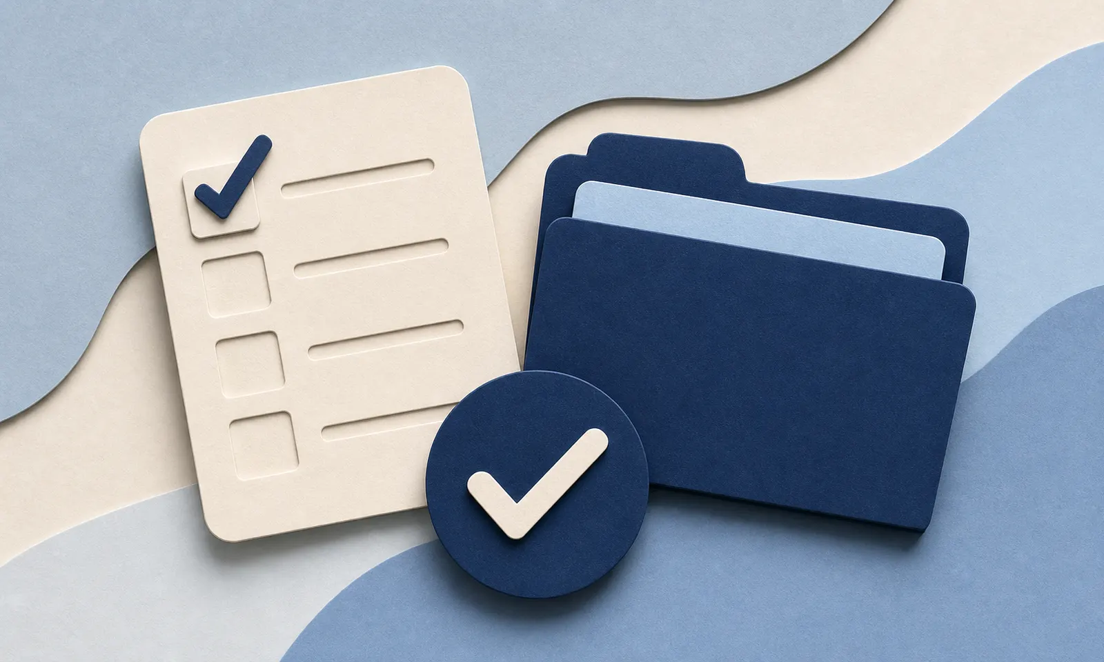 Layered-paper eligibility checklist, checkmark, and folder for paid family leave.