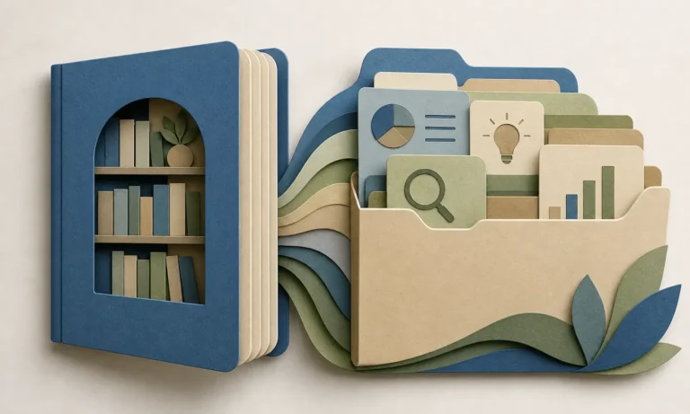 Layered-paper knowledge-center folder and reference book.